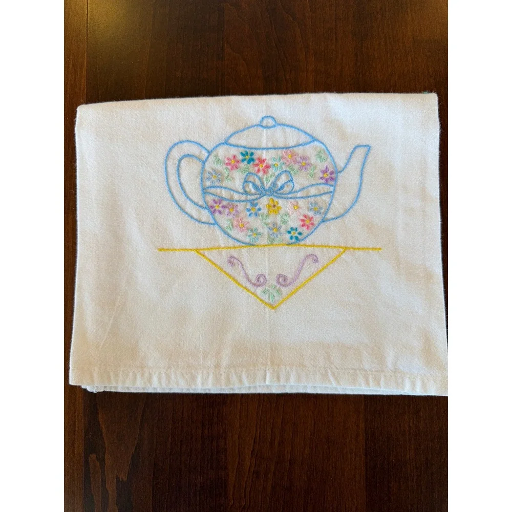Vintage Hand Embroidered Teapot Floral White Cotton Tea Towel Cottagecore